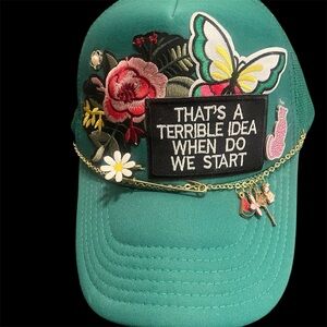 Green Cap with Floral and Butterfly Patch Design with charms